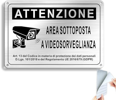 SINMAO Cartello Area Videosorvegliata GDPR 2023 Alluminio con Adesivo 22x15cm, Area Sottoposta a Videosorveglianza Metallo per Ragioni di Sicurezza