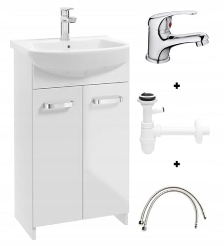 .Deftrans Domodomo Badezimmerschrank mit Waschbecken, 85 x 50 x 40 cm weißer Waschbeckenschrank, Keramik Waschbecken Set, Standschrank für kleines Bad (Weißes 45 cm Set Waschtischbatterie + Siphon)