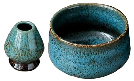 perfk Cuenco Matcha y Soporte para batidor Matcha, Soporte para batidor de té de cerámica, Taza Matcha Hecha a Mano, Cuenco de cerámica Matcha para Oficina, Azul
