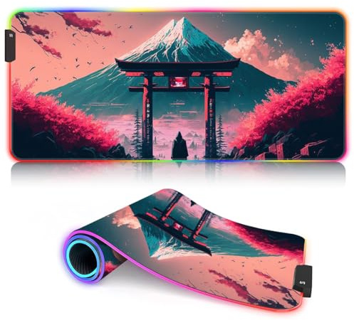 Tapis Souris Jeu RGB XL Antidérapant avec Base en Caoutchouc pour Clavier d'Ordinateur, PC, Ordinateur Portable, Bureau - Mount Fuji 30 x 80 cm