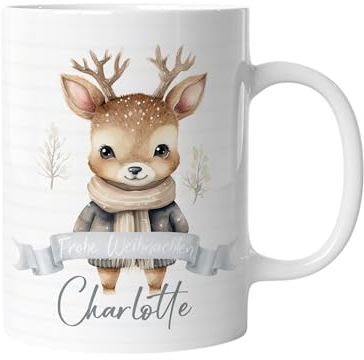 timalo® Tasse personalisiert mit Namen Geschenk „Frohe Weihnachten“ Kaffeetasse Jungen und Mädchen | Reh-4