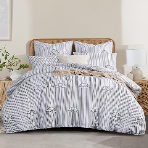 RUIKASI Bettwäsche 200x220 3 teilig Weiß - Bettbezug 200 x 220 Set mit Streifen Muster, Bettwäsche-Sets 200x220cm aus Mikrofaser mit Reißverschluss Weich und Bügelfrei