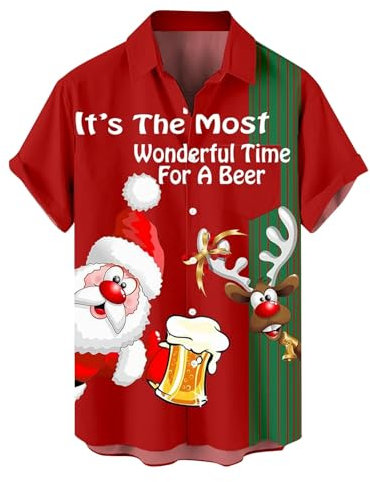 GREGG Men's Hawaiian Christmas Shirt - Retro Bowling Print Button Down Short Sleeve Shirts - Xmas, X-Large