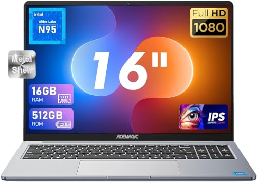 ACEMAGIC PC Portatile 16 Pollici 16GB DDR4 512GB SSD,N95(Fino a 3,4 GHz) Notebook,1920 * 1200 IPS Full HD Portatile,Scocca in metallo,WiFi,BT5.0,3*USB3.2,HDMI,tipo C Ufficio Grigio