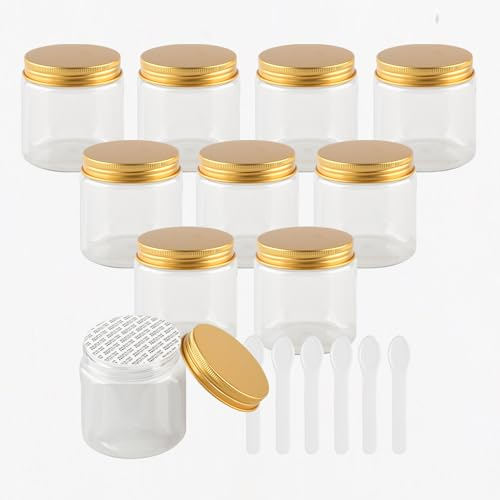 PQPAUTY 12 Pièces Vides Petit 250 ml Transparent Cosmétique Pot en Plastique avec Couvercle Or 250 g Pots de Cosmétique Crème de Bouteille Contenant avec 6x Spatules