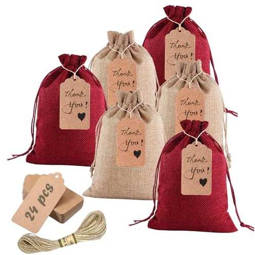 Penubuy 24 Jute-Geschenktüten mit Kordelzug und Geschenkanhänger, 5x7'' Wiederverwendbare Kleine Stofftasche für Süßigkeiten Münzen Schmuck Party (zwei Farben-Groß)