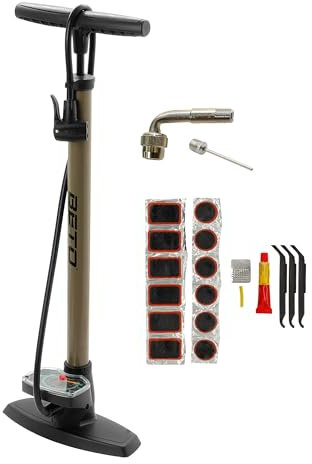 P4B | Luftpumpe mit großem Manometer in Grau/Braun + AV Winkelventil + Ballnadel + Flickzeug Set | Fahrradpumpe geeignet für alle Schlauchventile | Standpumpe