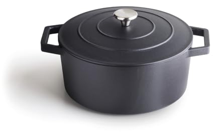 Qulinart by Brandt - Cocotte en Fonte d'Acier Forme Ronde 28 cm - Répartition Lente et Uniforme de la Chaleur - Cuisson Optimale - Couvercle à Condensation - Noir Mat