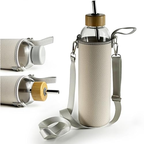 drinmoaer Bouteilles d'eau en verre borosilicate, 946 ml, transparent, grande taille, 2 couvercles, pochette en néoprène, sangle réglable, couvercle en plastique blanc, couvercle en bambou, avec