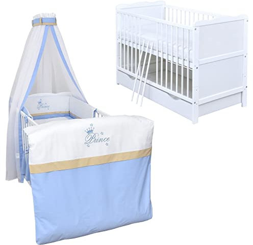 Generisch Baby Delux Babybett Komplett Set Kinderbett 60x120 cm umbaubar zum Juniorbett weiß Schublade Max Bettset Matratze (Prince)