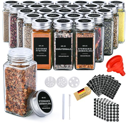 OMOZUN Gewürzgläser Eckig mit Etiketten Set 25er: Kleine Gewürzdosen Glas 120ml mit Streueinsatz Wasserfeste Labels - Aufbewahrung von Gewürzaufbewahrung für die Küche Schublade
