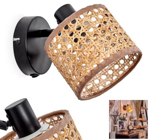 Wandleuchte Barcos, verstellbare Wandlampe aus Metall/Rattan/Wiener Geflecht in Schwarz/Natur/Beige, Leuchte im modernen Design mit verstellbarem Schirm (Ø 12cm), 1-flammig, 1 x E14, ohne Leuchtmittel