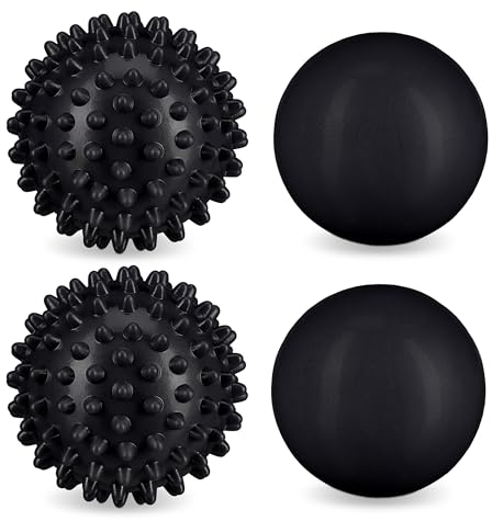 Relaxdays Massageball 4er Set, Igelball & glatter Lacrosse-Ball, Ø 6,5 & 6 cm, Selbstmassage, Faszienball hart, schwarz