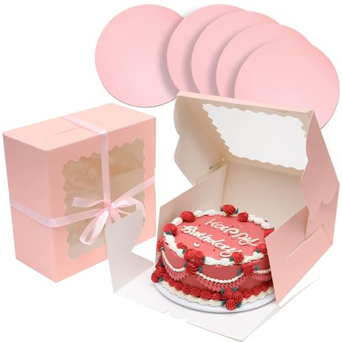 Gcardist 8x8x5 Inch Cake Box, 5 Sets Pink Cake Box with Window & 5 Sets 8 Inch Pink Cake Round Boards, Cake Containers(20.3x20.3x13cm)