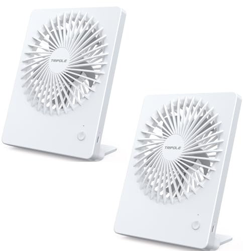 TriPole USB Desk Fan 2 Pack, Portable 2000mAh Battery Rehcargeable Table fan, 3 Speeds 4-16H Silent Mini Fans 180° Adjustable Handheld Fan for Office, Bedroom, Home, Travel, Camping (White)