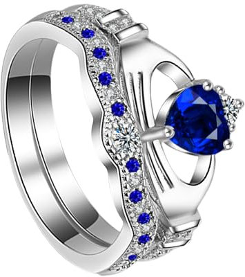 JewelryWe Claddagh Herz Ringe für Damen: 2 in 1 Damen-Ring Irische Claddagh Krone mit Blau Herz Zirkonia Partnerringe Eheringe Versprechen Verlobung Hochzeit Band Frauen Stapelringe Silber Größe 52