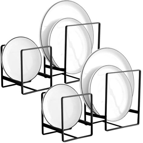 ToKinCen 4-Pack Plate Drying & Display Rack - Upright Storage for Shelves, Cabinets & Countertops - White Plate Holder