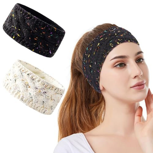 2 Pcs Stirnband Damen Winter, Elastische Häkelarbeit Thermo Stirnband, Stirnbänder Verdicken Frauen Haarbänder, für Damen, Frauen, Headwrap Kopfband Elastische Skifahren Laufen, Mädchen(Schwarz,Beige)