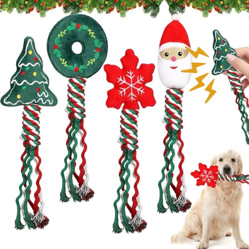 Hundespielzeug Weihnachten - 4 Stück Kauspielzeug, Unzerstörbar, Interaktiv, Kuscheltier, Zerrspielzeug - Geeignet als Christmas Geschenke für Hunde