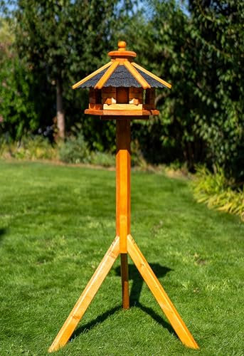 Deko-Shop-Hannusch Vogelhaus wahlweise mit Ständer und Solarbeleuchtung, Verschiedene Größen L - XXL, Futtersilo, wetterfestes Bitumendach (Größe M mit Ständer, schwarz)