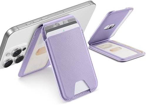 ESR Cartera Aura con MagSafe(HaloLock), Bloqueo RFID, Compatible Magsafe Wallet, Soporte Ajustable, 5 Tarjetas, Cuero Vegano, para iPhone Series 16/15/14/13/12, NO para 13/12 Mini, Lavanda