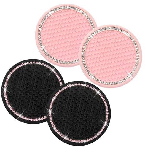 4PCS Car Coasters with Bling Rhinestones, Non-Slip Cup Holder Inserts, 2.75 Inches Car Must Haves and Passenger Princess Car Accessories for Women, Men, and Beetle Lovers (2 Pink and 2 Black)