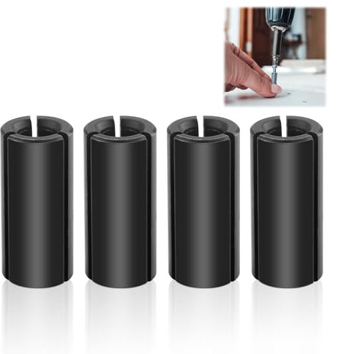 4 Pcs 1/2(12.7mm) to 1/4(6.35mm) Router Collet Chuck Reduction Sleeve Tool Bit, Black Carbon Steel Engraving Bit Router Converter Suitable for Engraving Milling Bit Woodworking Carving Machine