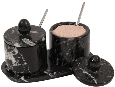 Marble Salt Cellar with Lid and tray 4 Inch Black Handmade Salt Container, Set of 2 Seasoning Jars, Spice Storage Container for Kitchen countertop, spice jars Sugar bowl