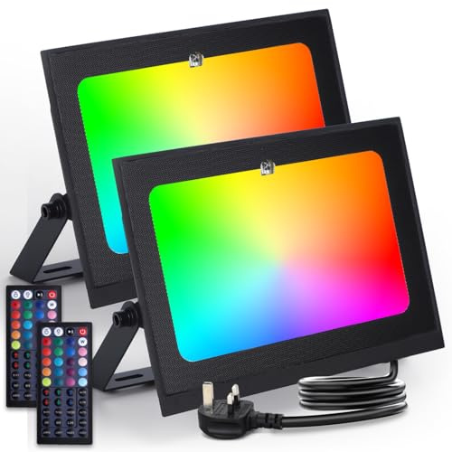 Aigostar LED Floodlight Outdoor 50W 5000LM, Colour Changing Flood Lights Dimmable, RGB Outdoor Lights Mains Powered with Remote Control, Timing, 6 Modes, IP65 Waterproof, UK 3-Plug, 2 Pack