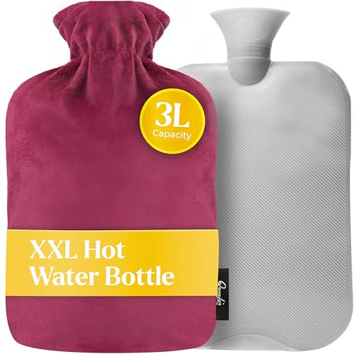 Qomfor Bouillotte Eau Chaude (3L) XXL avec Housse en Polaire Douce – Bouillotte Douce Réutilisable pour Réchauffement du Lit, Dos et Menstruation – Grande Bouillotte Doudou (Bourgogne)