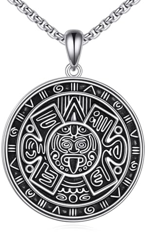 VENACOLY Azteken Kalender Halskette 925 Sterling Silber Runder Azteken Maya Kalender Anhänger Runder Azteken Schmuck Mit 22+2 Zoll Edelstahlkette, Geschenke für Männer Frauen Vater