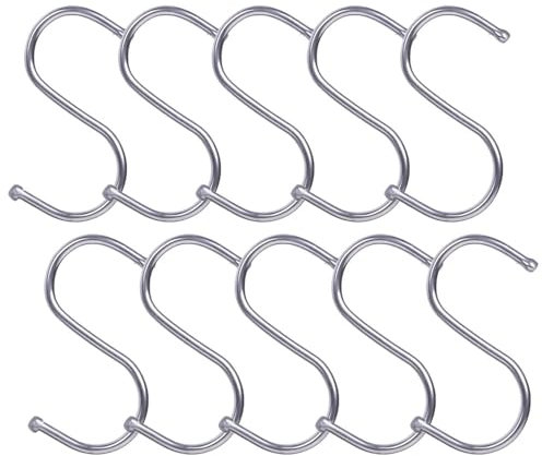 Basuit 10 Pcs S Hooks, S-Shaped Stainless Steel & Iron Hooks, Multifunction Tool for Kitchen, Bathroom, Outdoor, Garden, Office (Silver, Large)