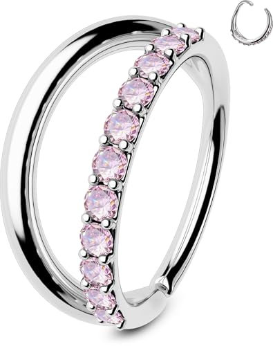 OUFER 20G Nostril Piercing Ring Rosa CZ Piercing Nase 8 mm Knorpel Ohrpiercing 316L-Edelstahl Nasenpiercing Ring Seamless Open Nose Hoop Ring Double Line