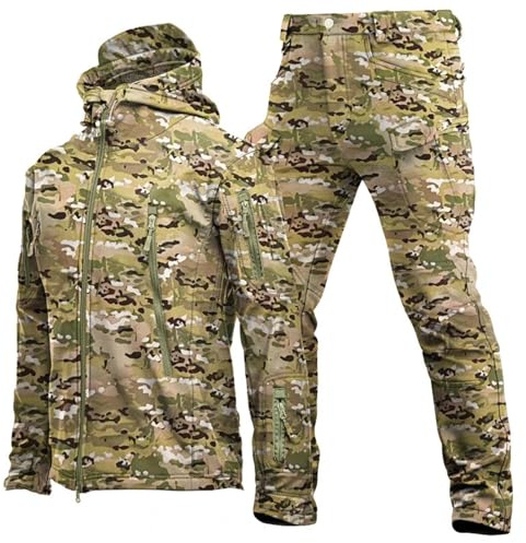 UIHECTA Zweiteiliges Skianzug Set FüR Herren Taktische Jacke Und Hose 2-Teiliger Schneemantel Mit Kapuze Snowboard SchneeanzüGe Armee Kampfanzug Sets Wasserdicht Winddicht,Camo 1,Size:m