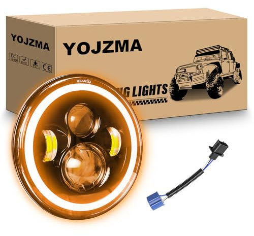 YOJZMA 1 x 7 Zoll Motorrad LED Scheinwerfer Runden, 50W Weiß Bernstein DRL | Hi/Lo Beam, 4 Modi, Halo Blinker, Fahrscheinwerfer Feuer Kreuz, Offroad Beleuchtung für Wrangler JK TJ LJ CJ Humm-er JP