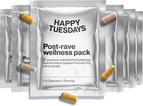 Happy Tuesdays Post-Rave Wellness Packs | After Party Recovery Supplement | Supports Mood, Sleep, Energy, Focus, Tired Muscles | 5-HTP, NAC, ALA, Tyrosine, B Vitamins, Magnesium, Ashwagandha | 6-Pack