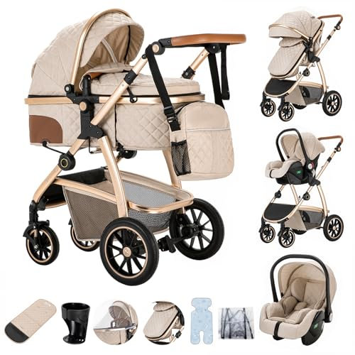 Zkiprm 3 in 1 Kinderwagen, Reisesystem, Babywanne Buggy&Sportsitz, Höhenverstellbare Armlehnen und Kinderwagen mit Aluminiumgestell, Mumientasche/Moskitonetz/Baumwollmatte, für Neugeborene 0-4 Jahre