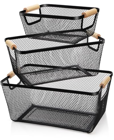 Noamus 3 Pack Metal Mesh Basket with Wooden Handle, Farmhouse Wire Steel Storage Bins, Rectangle Fruit Vegetable Organizer Containers for Home Cabinet Pantry Kitchen Decor, Snack Gift (Black, 3 Size)
