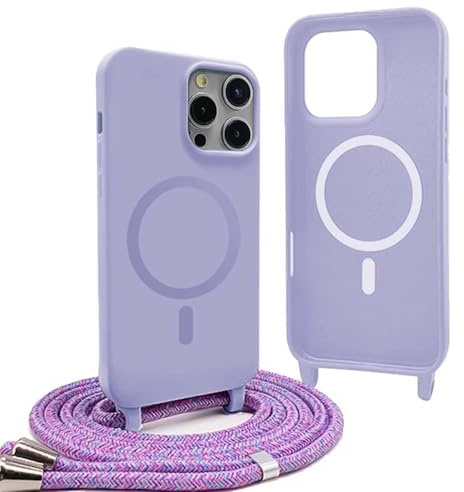 YFSYLL Funda Magnética para iPhone 16 Pro con Cuerda, Compatible con MagSafe,Carcasa Silicona Case,Carga Inalámbrica,con Correa Colgante Ajustable Collar Cordón - Púrpura