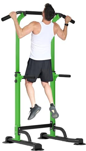 SDHYL Power Tower Kraftstation Klimmzugstange Dip-Stationen Höhe Verstellbar Schlingentraining Bauchtrainer Rückentrainer Für Anfänger Profis Trainieren Fitness (Grün/Schwarz)