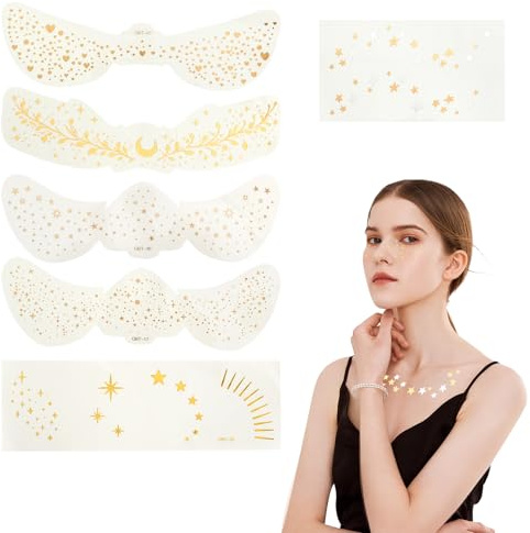 6 Stück Sommersprossen Tattoo Gesicht,Temporäre Sparkle Freckles- Einfach Auf- & Abnehmbare,Schlüsselbein-Aufkleber,Gold Sterne Punkte Aufklebe für Abschlussbälle,Parteien,Festival und Aufführungen