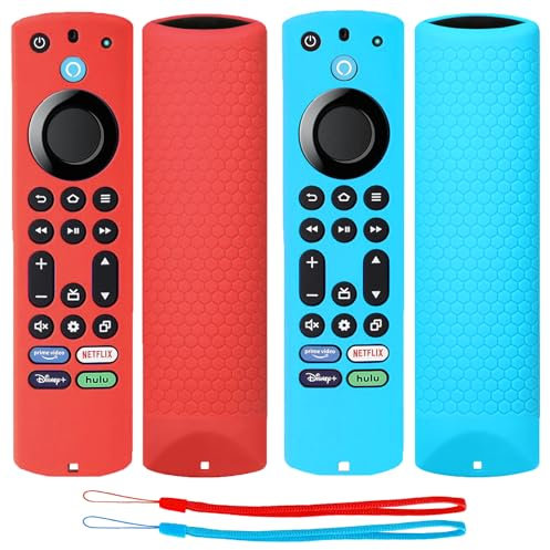 TOKERSE Silikon-Schutzhülle für Fire TV Stick 4K Max 2. Gen/Toshiba/Insignia/Pioneer/Omni Series Fire TV Alexa Voice Remote Enhanced, rutschfeste Schutzhülle mit Umhängeband, Rot / Blau, 2 Stück