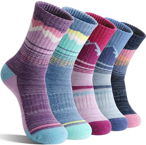 Sandsuced Womens Merino Wool Hiking Socks Thermal Winter Warm Cozy Outdoor Crew Socks 5 Pairs Gift Stocking Stuffers(Purple/Blue/Dark Blue/Rose Pink/Light Blue,M)