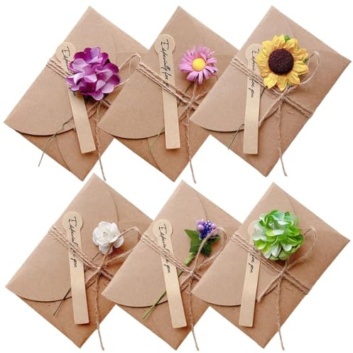 JYNXOR 6 Pcs Biglietto Di Auguri Cartolina Buste, Retrò Busta Carta Kraft Invito, Retrò Carta Kraft Fiori Secchi Confezione da Biglietto Auguri Compleanno con Fiori, per Matrimonio Compleanno Natale