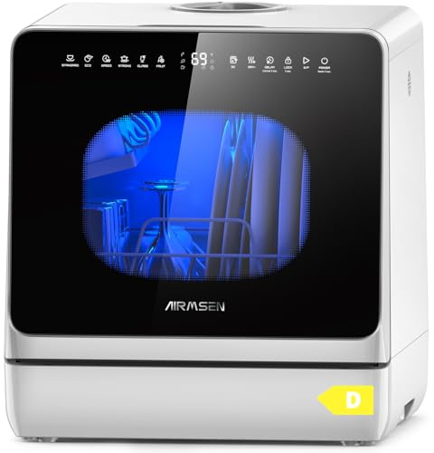AIRMSEN 2025 NEW Upgraded Table Top Dishwasher, Countertop Dishwasher No Plumbing with Water Softener, 8+3 Wash Programs, 5L Tank, 1–18H Delay Start, Child Lock, 360° Dual Spray Arms
