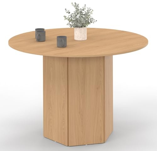 IDMarket - Table à Manger Ronde Berthe 6 Personnes Pied Hexagonal Bois Effet hêtre 110 cm