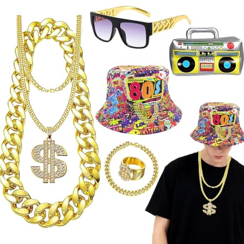 JJZENKD 7 Stück Karneval Kostüm zubehör Erwachsene,80s 90s Hip Hop Outfit,Mit Goldkette,Dollar Anhänger,Hanzi Rings,Edelsteinring,Goldenes Armband& Sonnenbrille,Gangster-Kostüm für Herren
