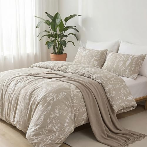 Soifox Bettwäsche 135x200 Beige Bettgarnitur - Pflanzen Blumen Muster Bettwäsche Sets Microfaser Bettbezug 135 x 200cm mit Kissenbezug Bügelfrei & Knitterfrei Modern Deckenbezug mit Reißverschluss