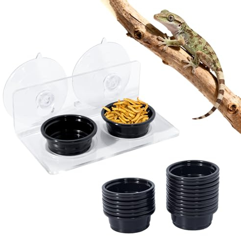 Gecko Feeding Ledge with 20 Pcs 0.5oz Food Bowls Suction Cup Transparent Reptile Feeder Ledge for Lizards,Bearded Dragon,Crested Gecko Accessories