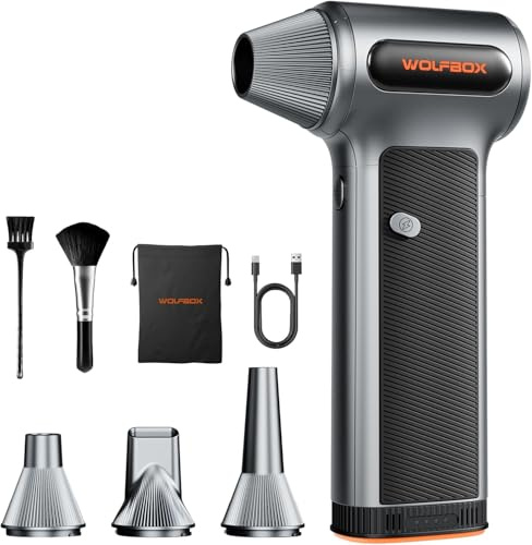 WOLFBOX MF200 Staubgebläse, Abnehmbarer Akku, 87.5 m/s Kabellos, 3-Stufen | 4 Düsen, 2 Bürsten, Druckluftspray-Alternative, PC-Reinigung, Tastatur, Auto, Outdoor, 22.2 Wh, 100 Min. Laufzeit, 385 g